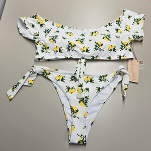 Cabana Del Sol Bikini XL Lemon Twist Off Shoulder Summer Coastal Whimsical Fruit